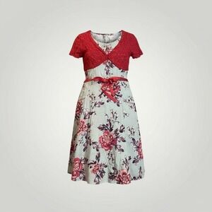 Odd Molly‎ Uncorporated Floral Dress Medium Red Lace Overlay Tie Waist Midi Boho